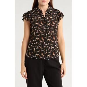 ALICE + OLIVIA Martel Flutter Sleeve Silk Button-Up Top